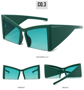 Three-angle view of oversized geometric cat-eye sunglasses with dark green frames