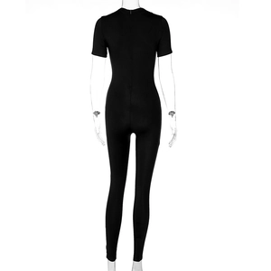 Detail of the back zipper closure on this black short sleeve athletic yoga bodysuit