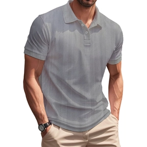 Detail of light gray men's polo shirt showing vertical stripe texture and two-button collar