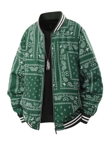 Blouson bomber vert à imprimé cachemire avec bordures rayées et fermeture éclair