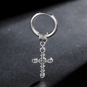 Classic silver stainless steel hoop earrings with engraved cross pendant in gothic punk style