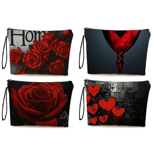 Dark Rose Print Linen Makeup Bag For Women Portable Cosmetic Organizer With Zipper And Wristband Heart Wine Glass Pattern