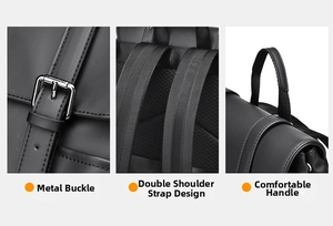 Detail of silver metal buckles, breathable mesh straps and reinforced leather handle