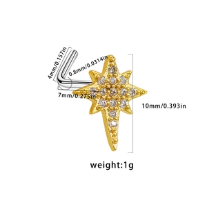 Dimensions détaillées du piercing de nez étoile dorée avec zircones cubiques