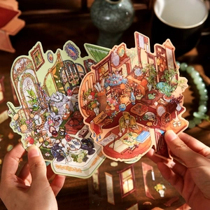 Vintage 3D scenery stickers featuring golden antique interior design for DIY crafts
