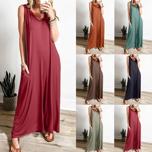 Women Sleeveless V Neck Wide Leg Jumpsuit Polyester Spandex Casual Loose Long Pant With Pockets Solid Color Summer
