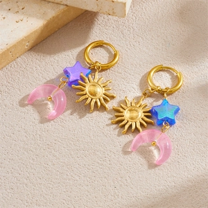 Gold stainless steel hoop earrings with sun star and moon resin charms for women