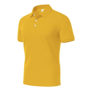 Close-up of breathable waffle texture fabric on this yellow men's short sleeve polo shirt