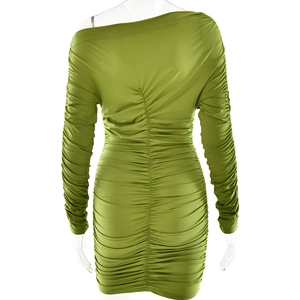 Detail of the ruching design on the back of this green long sleeve mini bodycon dress