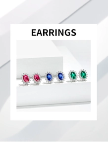 Detail of sapphire and ruby halo stud earrings on white minimalist geometric display