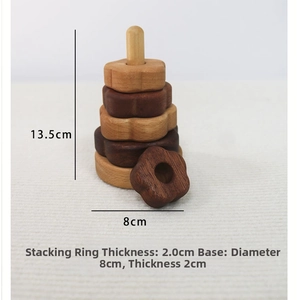 Detailed dimensions of wooden stacking toy showing 13.5cm height and 8cm base diameter