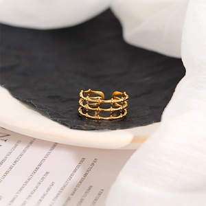 Macro shot of 18k gold plated stainless steel triple layered adjustable ring texture