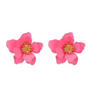 Chic pink matte layered flower stud earrings with gold stamen on a white background