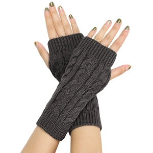 Close-up of dark grey cable knit pattern on fingerless warm winter wrist gloves
