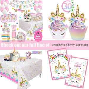Rainbow unicorn party supplies set with disposable tablecloth and birthday decorations