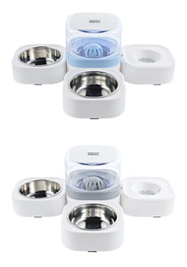 Close-up of automatic pet feeder with water tank and three integrated bowls