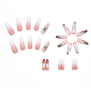 Long coffin fake nails with pink gradient, white flower art and abstract line designs