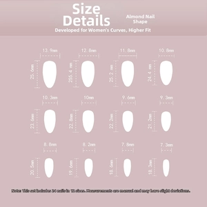Size chart detail for almond press-on nails including 24 pieces in 12 distinct dimensions