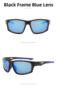 Dettagli di occhiali da sole sportivi con montatura nera, lenti specchiate blu e aste in gomma
