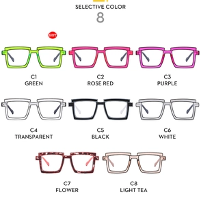 Selection of eight colorful TR90 square eyeglasses frames in various trendy finishes