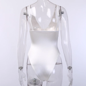 Rear view of white satin bodysuit showing backless cut and high leg opening detail