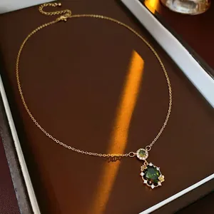 Vintage Palace Style Green Zircon Butterfly Pendant Necklace Luxury Copper Gold Plated Elegant Jewelry For Women