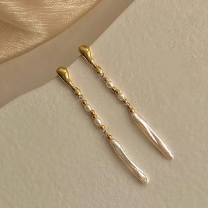 Baroque Freshwater Pearl Long Tassel Drop Earrings For Women 925 Sterling Silver Post Copper Gold Plated Boutique Earring