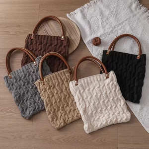 Women Knitted Handbag Cable Knit Tote With Wood Handle Retro Japanese Style Commute Fashion Accessory