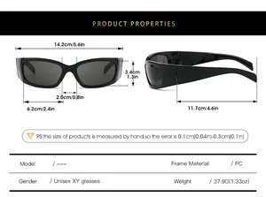 Detailed size chart for Y2K sports sunglasses with precise lens and frame dimensions