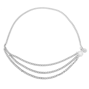 Three-layer silver body chain with sunflower pendants in a minimalist bohemian style