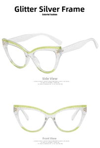 Detailed view of cat-eye glasses with silver glitter resin frame and gold rivets