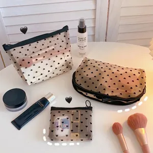 Mesh makeup bag set with heart print including large travel toiletry pouches