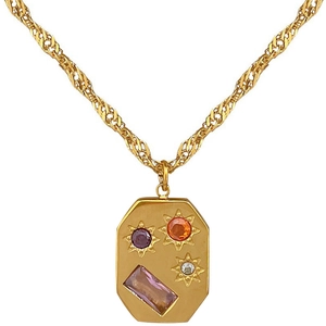Gold titanium steel necklace featuring a rectangular pendant with colorful gemstones