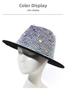 Detail shot of black jazz hat with sparkling rhinestones for party wear and stage events