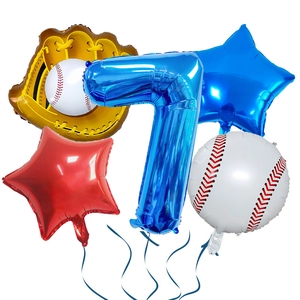 Detail of baseball theme foil balloon set with blue number 7 and glove for 7th birthday party