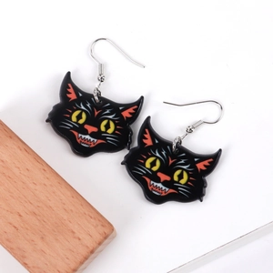Halloween acrylic black cat head dangle earrings with fierce printed face and silver hooks