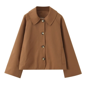 Women's classic caramel brown short trench jacket with lapel and single-breasted design