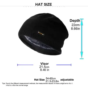 Size chart showing 54-60cm head circumference for knit beanie with fleece lining