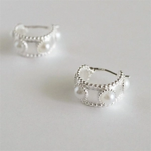 Artificial Pearl Hoop Earrings With 925 Sterling Silver Earring Post C Shaped Beaded Edge Retro Simple Elegant Style For Women