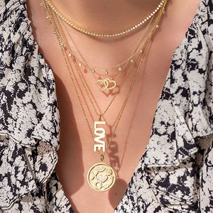 S925 silver layered necklace in gold with double hearts and LOVE medal pendants