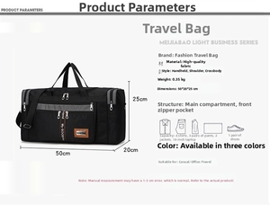 Detailed view of foldable travel bag dimensions and capacity with 50x20x25cm measurements