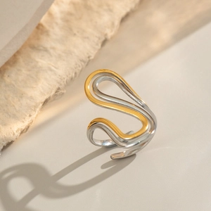 Minimalist bicolor irregular wave ring in 18K gold and silver plated titanium steel
