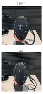 Gothic coffin-shaped bag featuring metal cross and skull studs on black PU leather