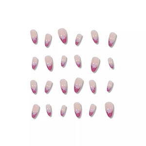 Pink French press on nails with white star patterns, 24 pieces round-head nail kit