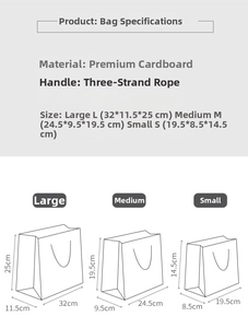 Detailed size chart for Christmas gift bags showing dimensions for small medium and large sizes