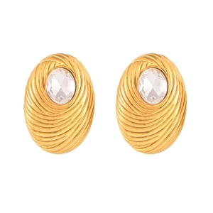 Vintage 18K gold plated oval earrings with spiral texture and centered clear glass stone