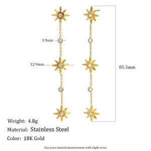 18K gold plated stainless steel long starburst dangle earrings with white zircon accents