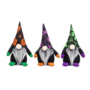 Three Halloween faceless gnomes with pumpkin spider and skull hat patterns decoration