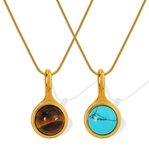 French retro 18K gold plated titanium necklaces with tiger eye and turquoise pendants