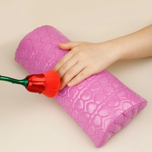Pink heart quilted PU leather nail arm rest pillow with a rose-shaped dust brush set